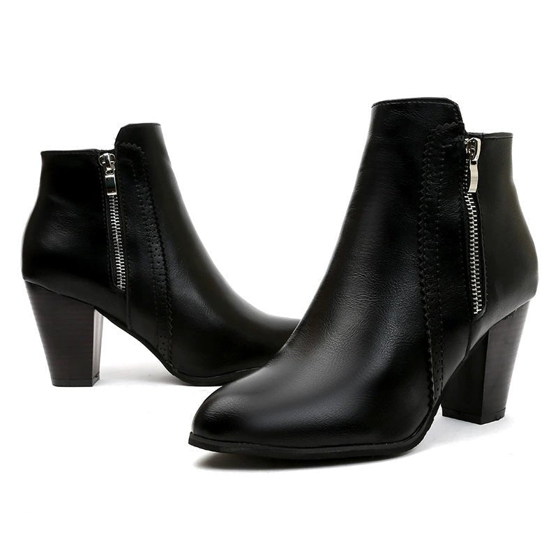 PU Leather Block Heel Boots - Crowned Energy CO.