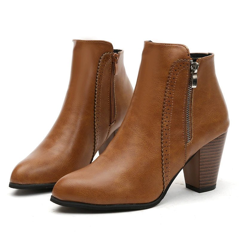 PU Leather Block Heel Boots - Crowned Energy CO.