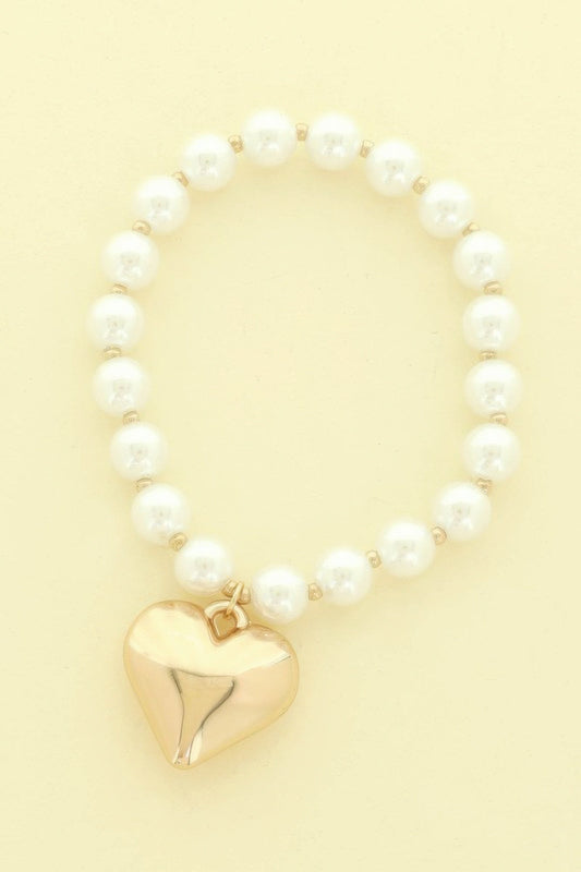 Crowned Energy CO. Gold.Gd SOMETHING SPECIAL LA BRACELET Puff Heart Charm Pearl Bracelet
