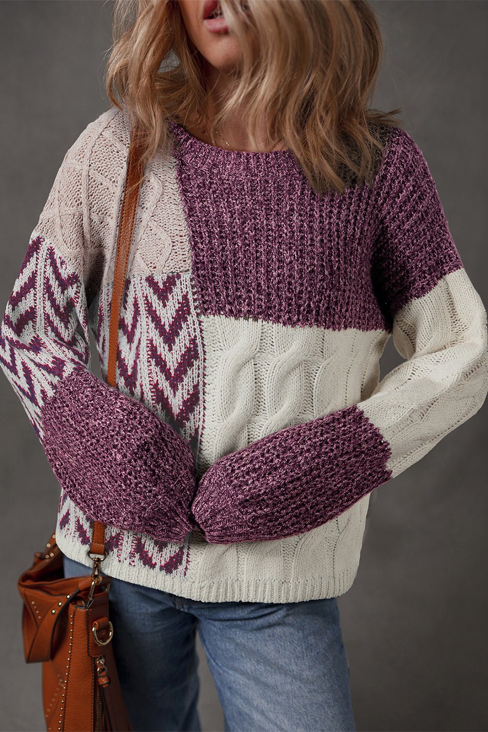 Purple Color Block Patchwork Knotted Back Loose Fit Sweater - Crowned Energy CO.