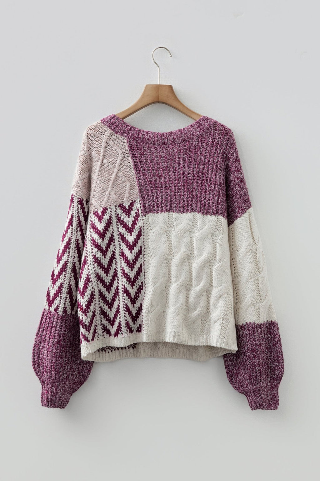 Purple Color Block Patchwork Knotted Back Loose Fit Sweater - Crowned Energy CO.