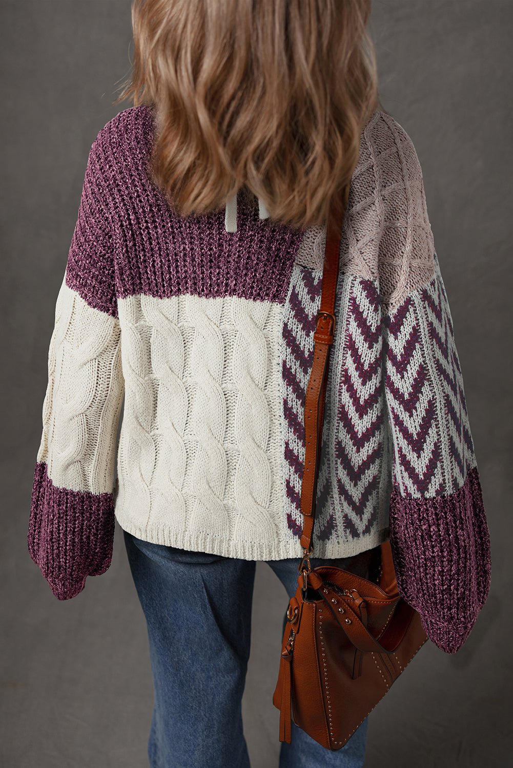 Purple Color Block Patchwork Knotted Back Loose Fit Sweater - Crowned Energy CO.
