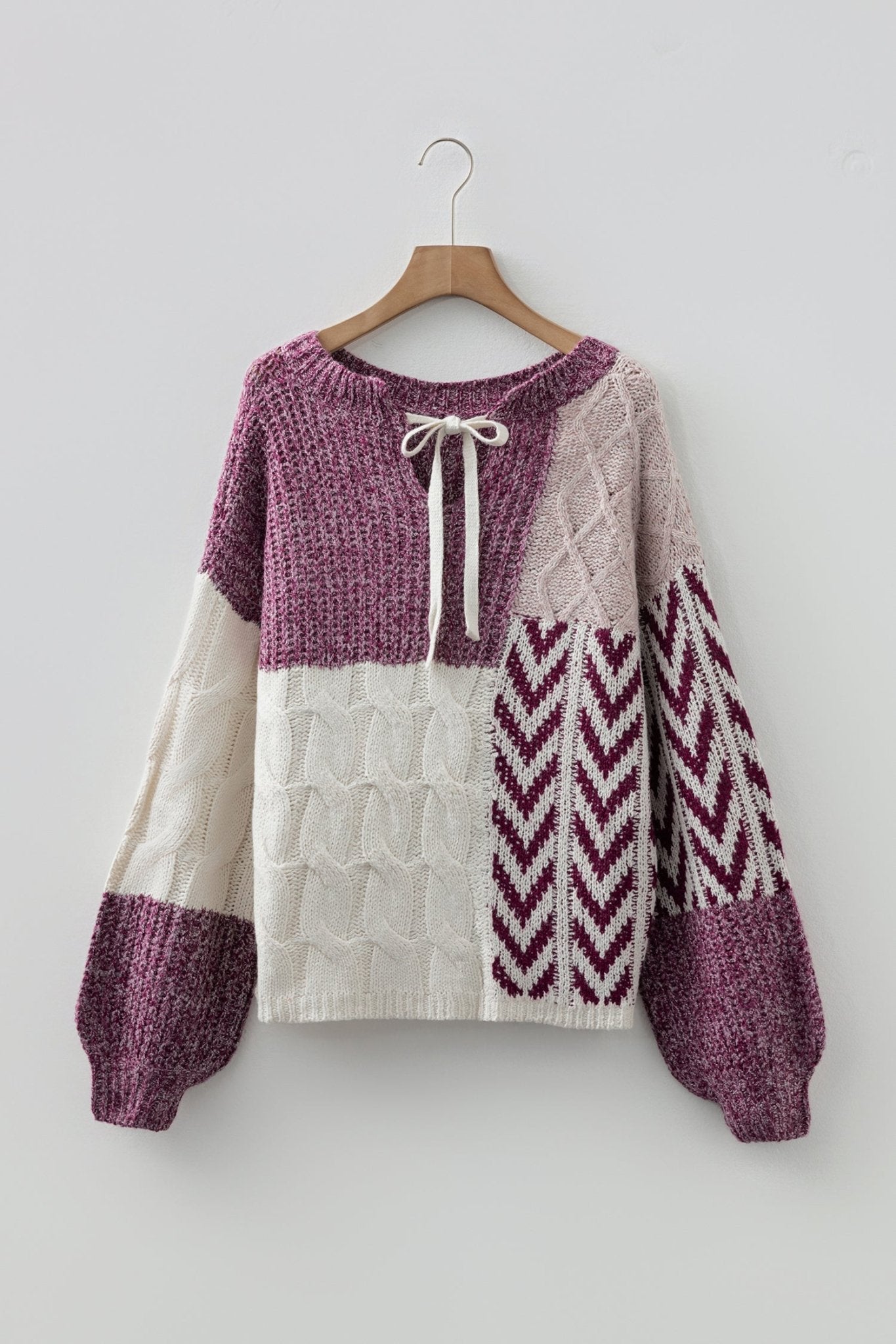 Purple Color Block Patchwork Knotted Back Loose Fit Sweater - Crowned Energy CO.