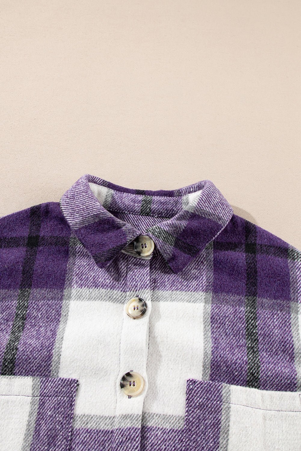 Crowned Energy CO. Purple / S / 95%Polyester+5%Spandex Dear-Lover Dropshipping Outerwear/Plaid Shackets Purple Plaid Color Block Buttoned Long Sleeve Jacket with Pocket