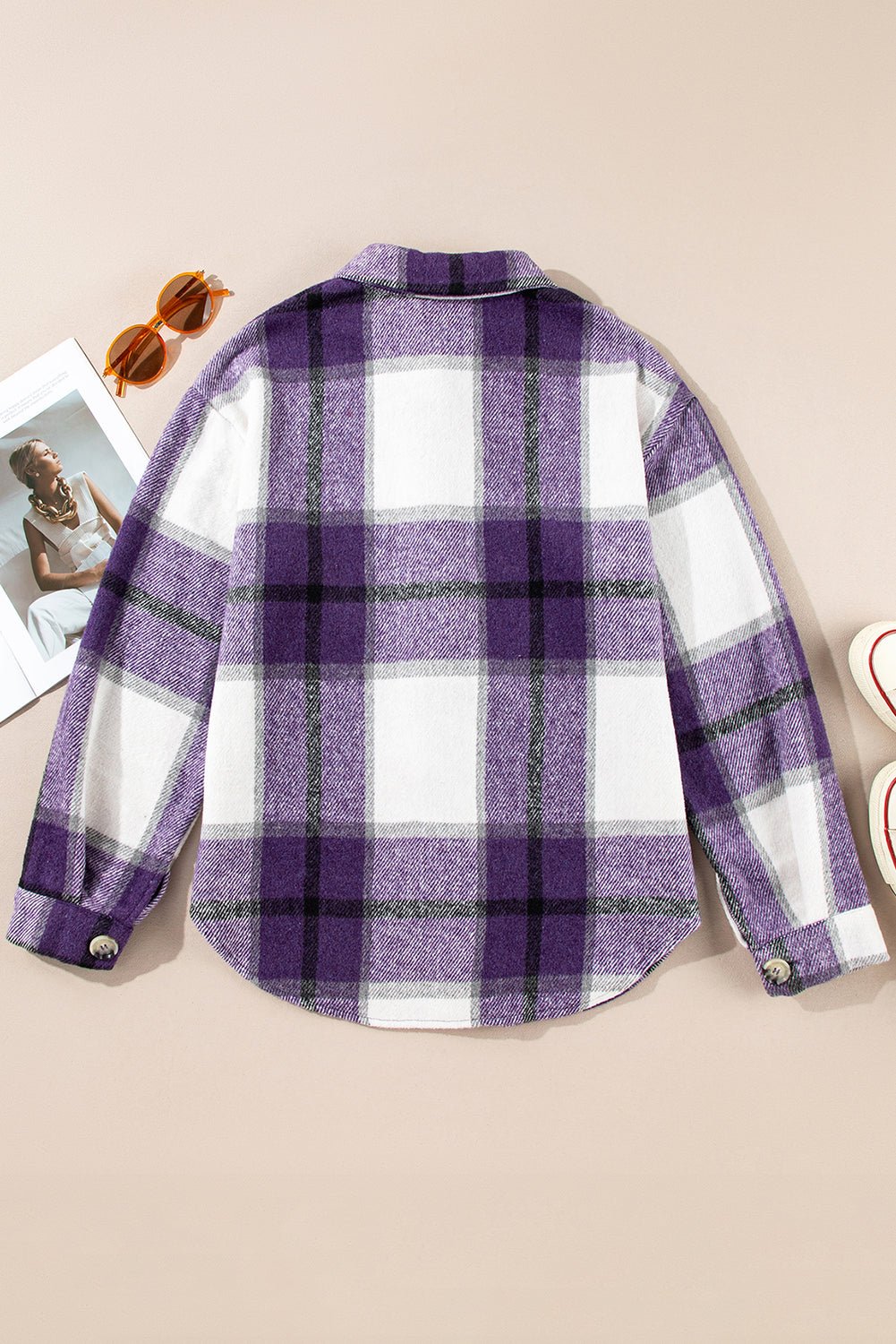 Crowned Energy CO. Purple / S / 95%Polyester+5%Spandex Dear-Lover Dropshipping Outerwear/Plaid Shackets Purple Plaid Color Block Buttoned Long Sleeve Jacket with Pocket
