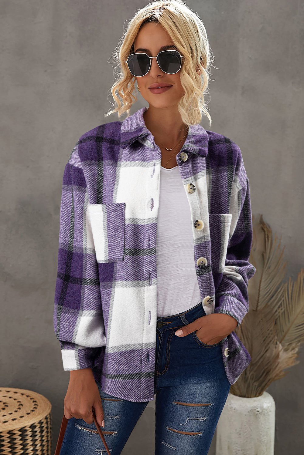 Crowned Energy CO. Purple / S / 95%Polyester+5%Spandex Dear-Lover Dropshipping Outerwear/Plaid Shackets Purple Plaid Color Block Buttoned Long Sleeve Jacket with Pocket
