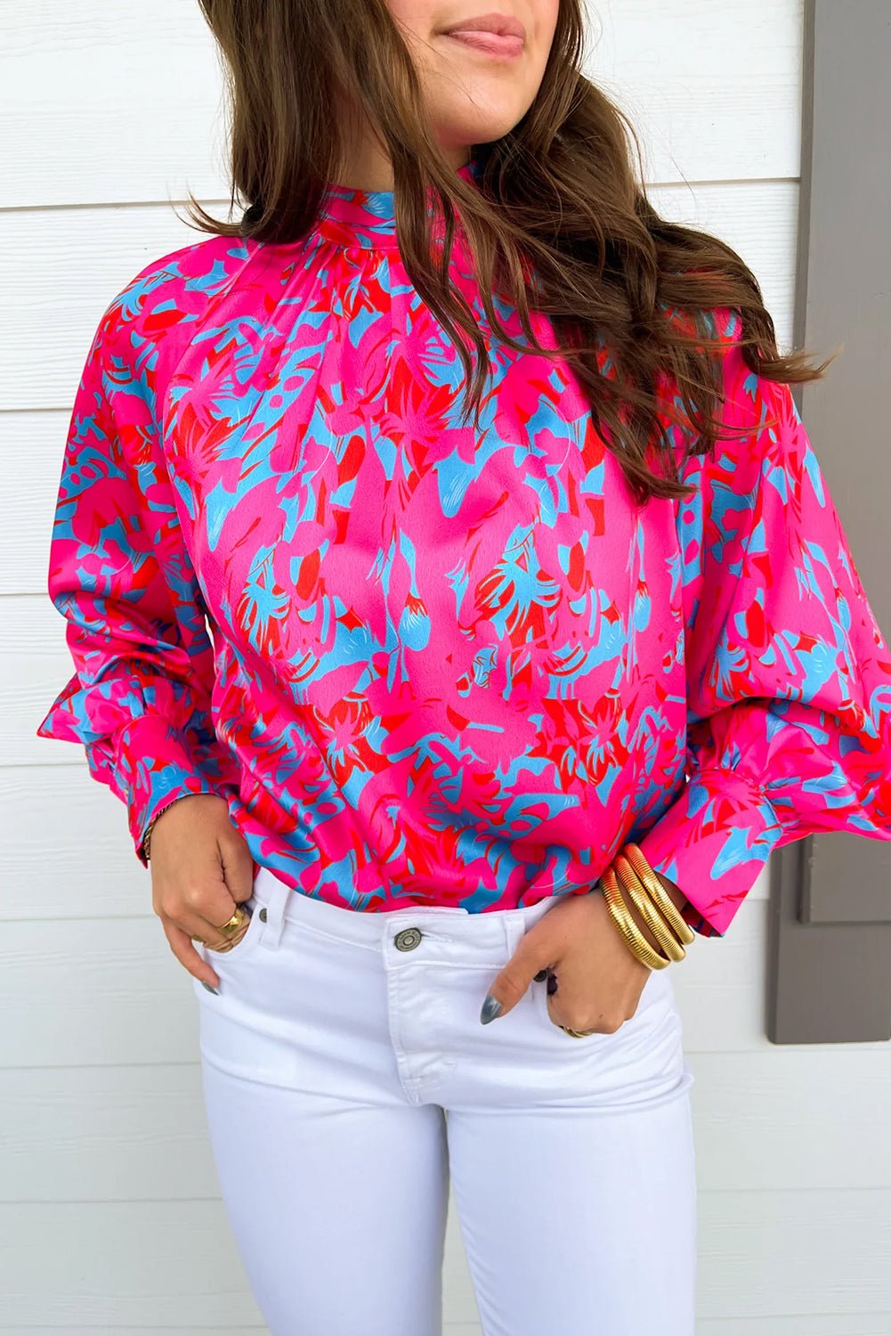 Crowned Energy CO. Purple / S / 100%Polyester Dear-Lover Dropshipping Tops/Blouses & Shirts Purple Printed Bubble Sleeve Mock Neck Blouse
