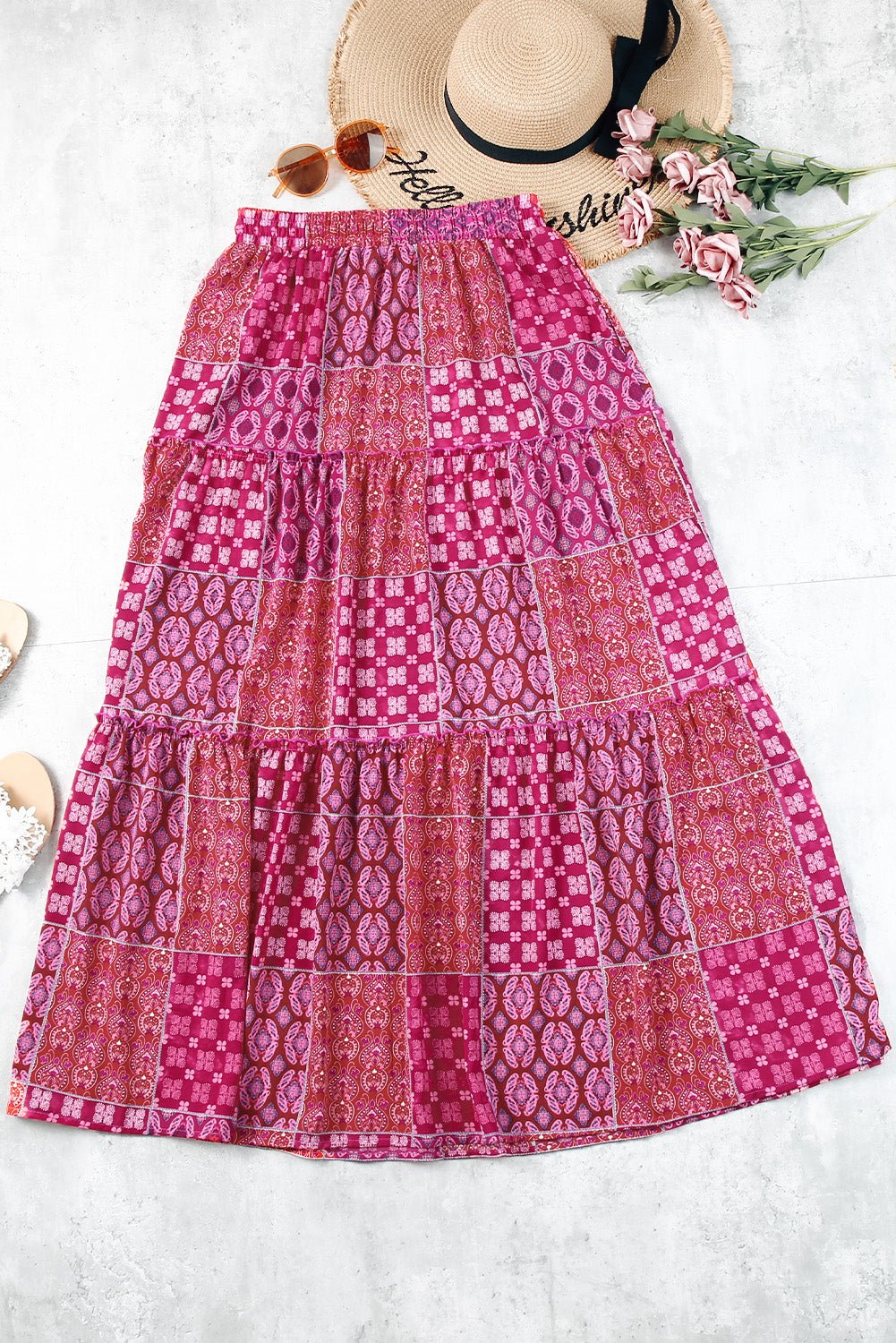 Purple Tiered Paisley Print Pocketed Maxi Skirt - Crowned Energy CO.