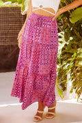 Purple Tiered Paisley Print Pocketed Maxi Skirt - Crowned Energy CO.
