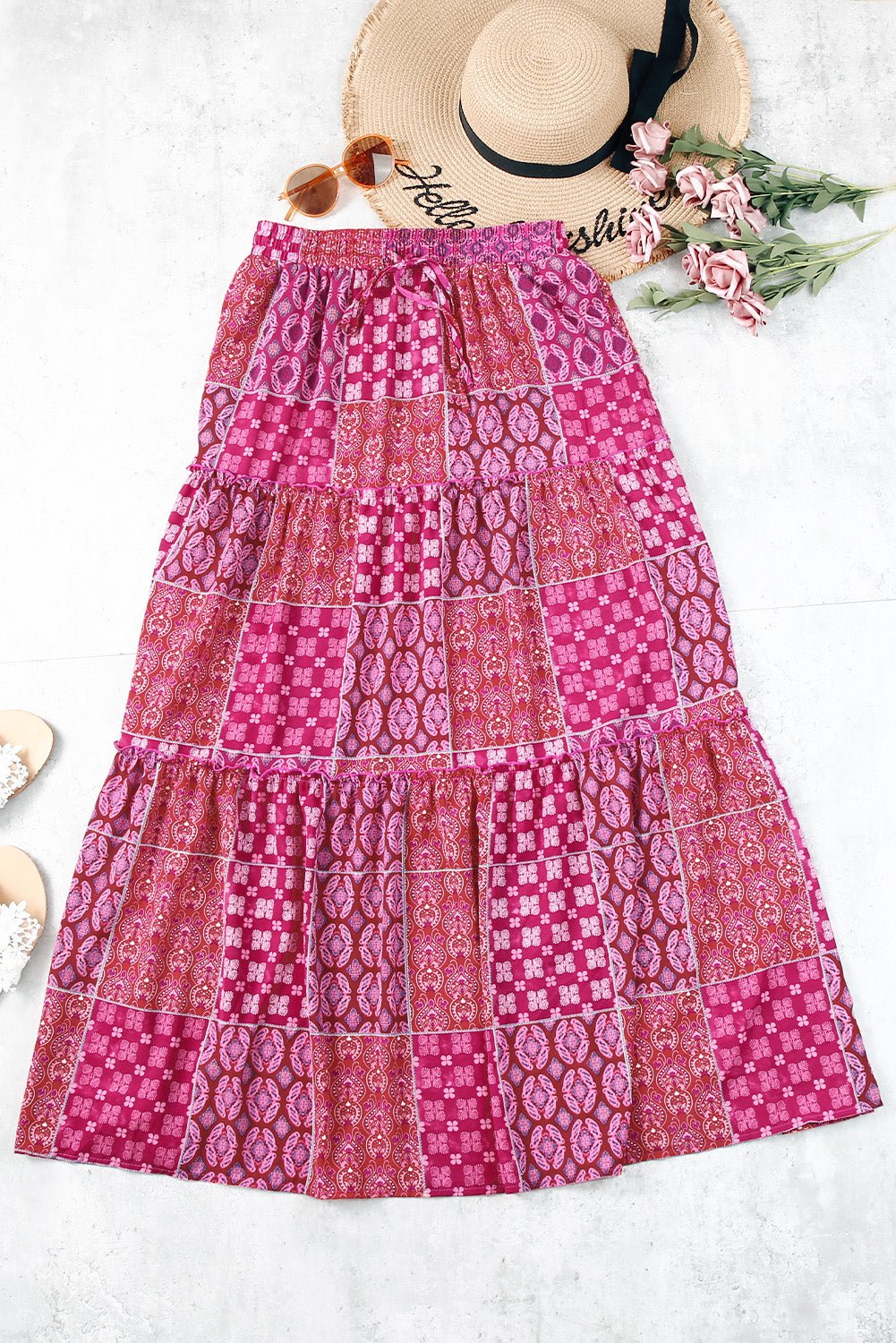 Purple Tiered Paisley Print Pocketed Maxi Skirt - Crowned Energy CO.