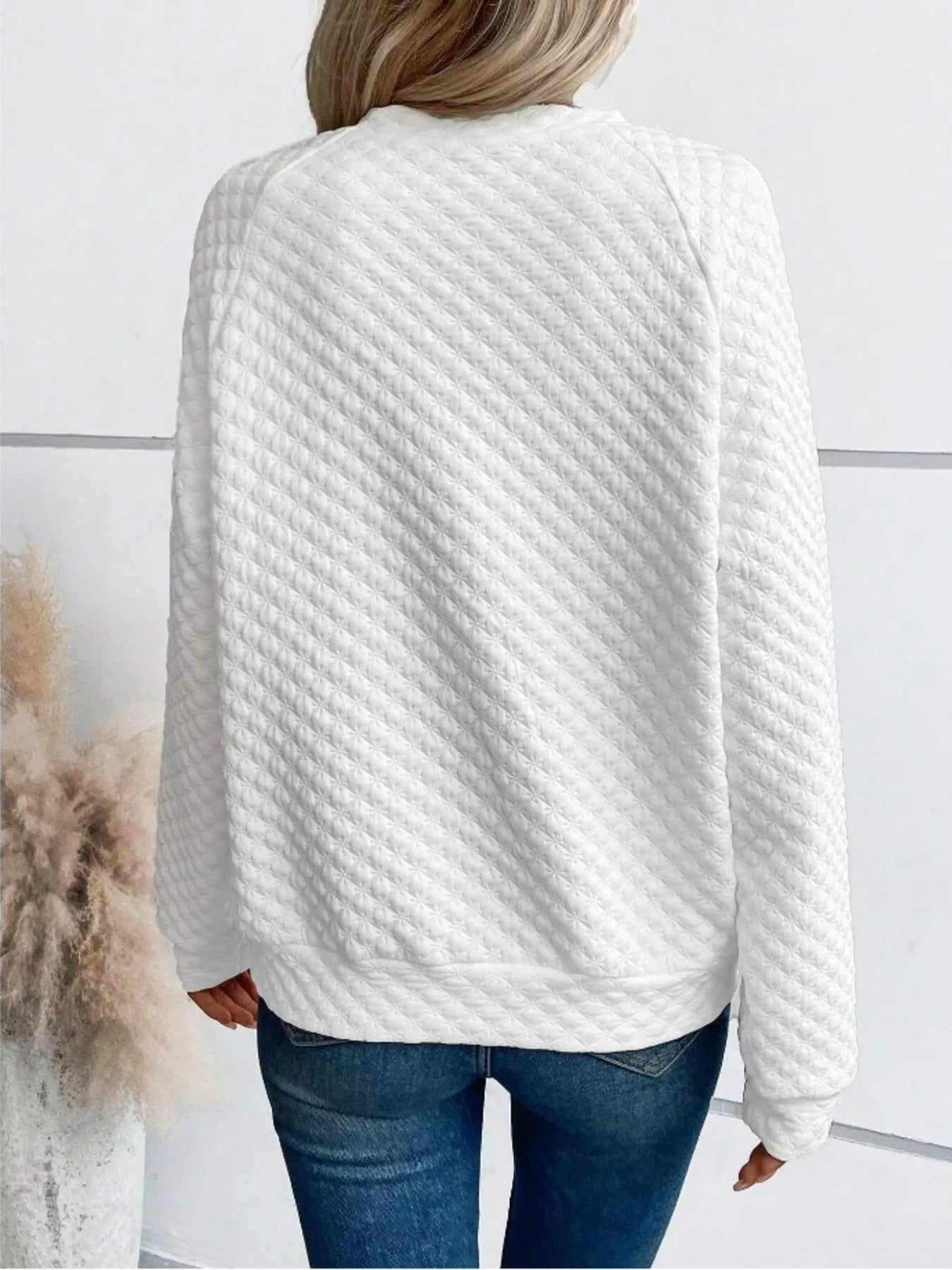Crowned Energy CO. White / S Trendsi Sweaters & Cardigans/Cardigans Quilted Texture Long Sleeve Sweatshirt with Notched Neck