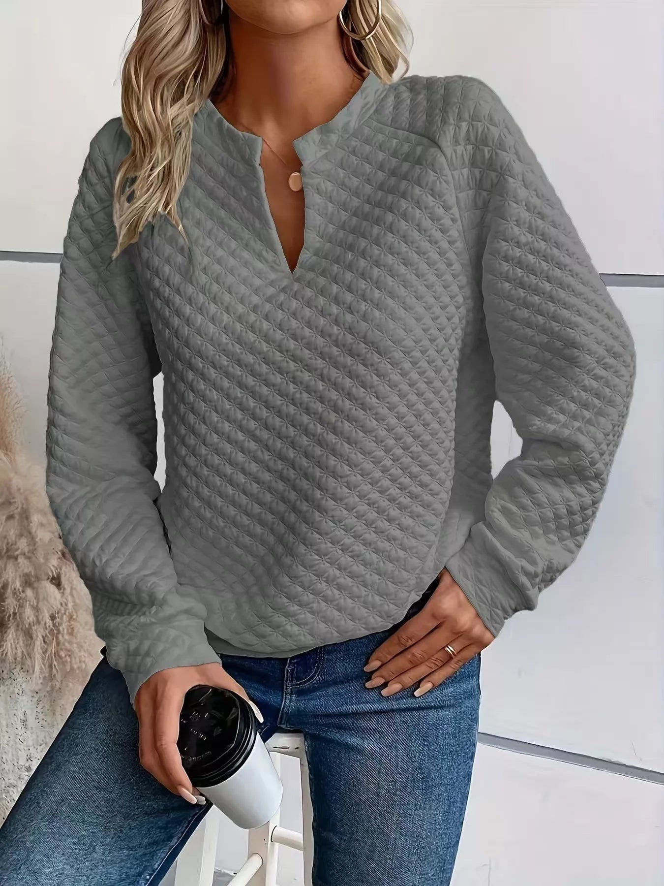 Crowned Energy CO. Gray / S Trendsi Sweaters & Cardigans/Cardigans Quilted Texture Long Sleeve Sweatshirt with Notched Neck