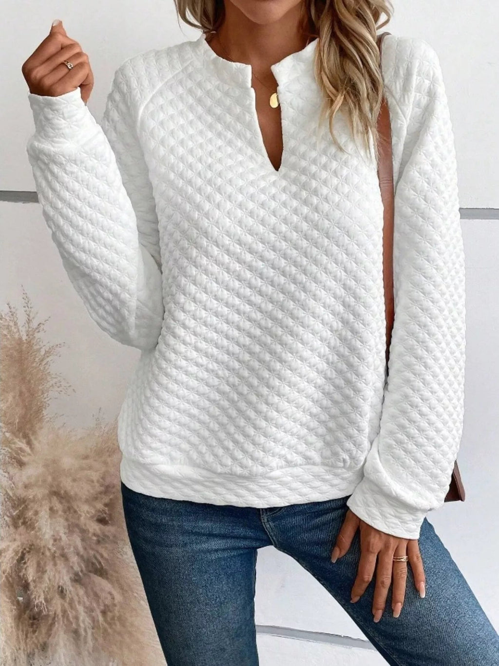 Crowned Energy CO. White / S Trendsi Sweaters & Cardigans/Cardigans Quilted Texture Long Sleeve Sweatshirt with Notched Neck