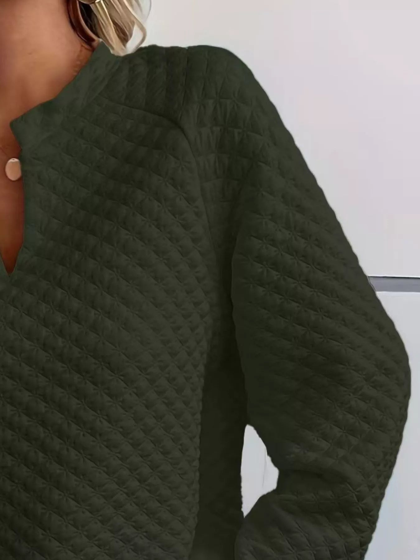 Crowned Energy CO. White / S Trendsi Sweaters & Cardigans/Cardigans Quilted Texture Long Sleeve Sweatshirt with Notched Neck