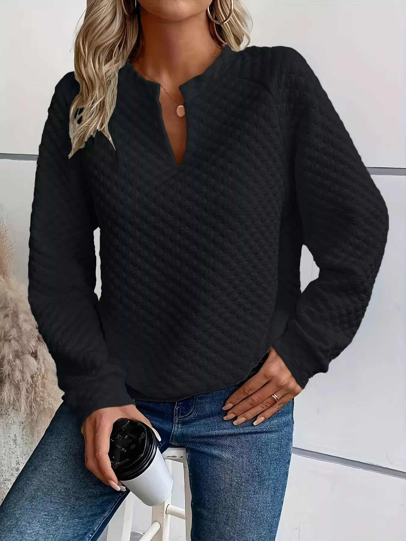 Crowned Energy CO. Black / S Trendsi Sweaters & Cardigans/Cardigans Quilted Texture Long Sleeve Sweatshirt with Notched Neck