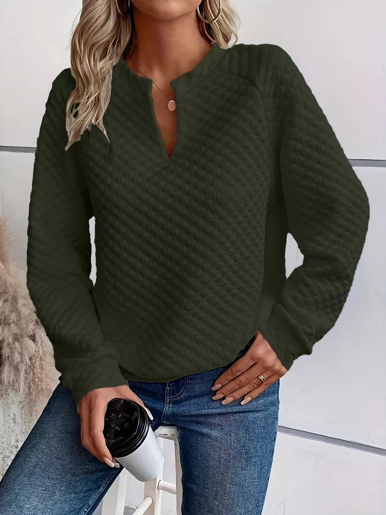Crowned Energy CO. Army Green / S Trendsi Sweaters & Cardigans/Cardigans Quilted Texture Long Sleeve Sweatshirt with Notched Neck