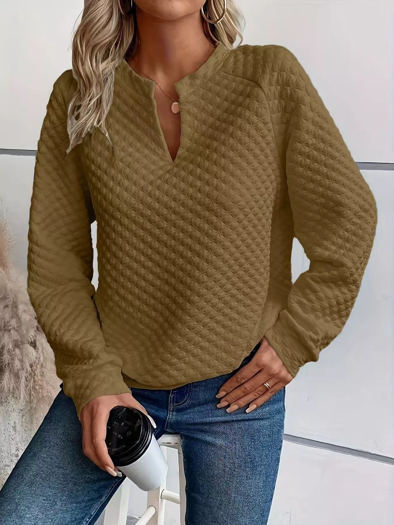 Crowned Energy CO. Brown / S Trendsi Sweaters & Cardigans/Cardigans Quilted Texture Long Sleeve Sweatshirt with Notched Neck