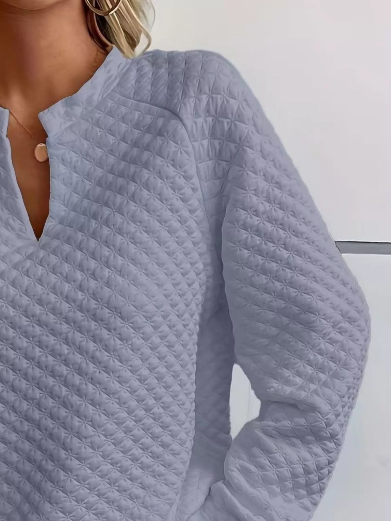 Crowned Energy CO. White / S Trendsi Sweaters & Cardigans/Cardigans Quilted Texture Long Sleeve Sweatshirt with Notched Neck