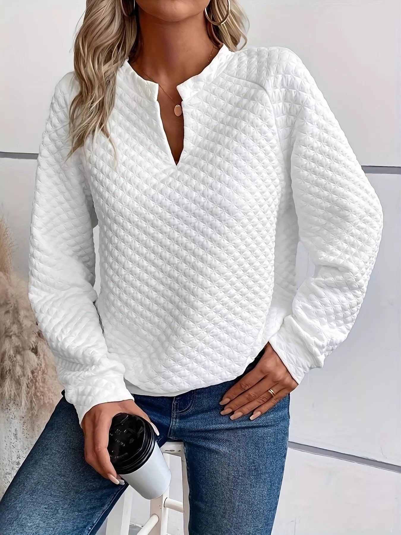 Crowned Energy CO. White / S Trendsi Sweaters & Cardigans/Cardigans Quilted Texture Long Sleeve Sweatshirt with Notched Neck