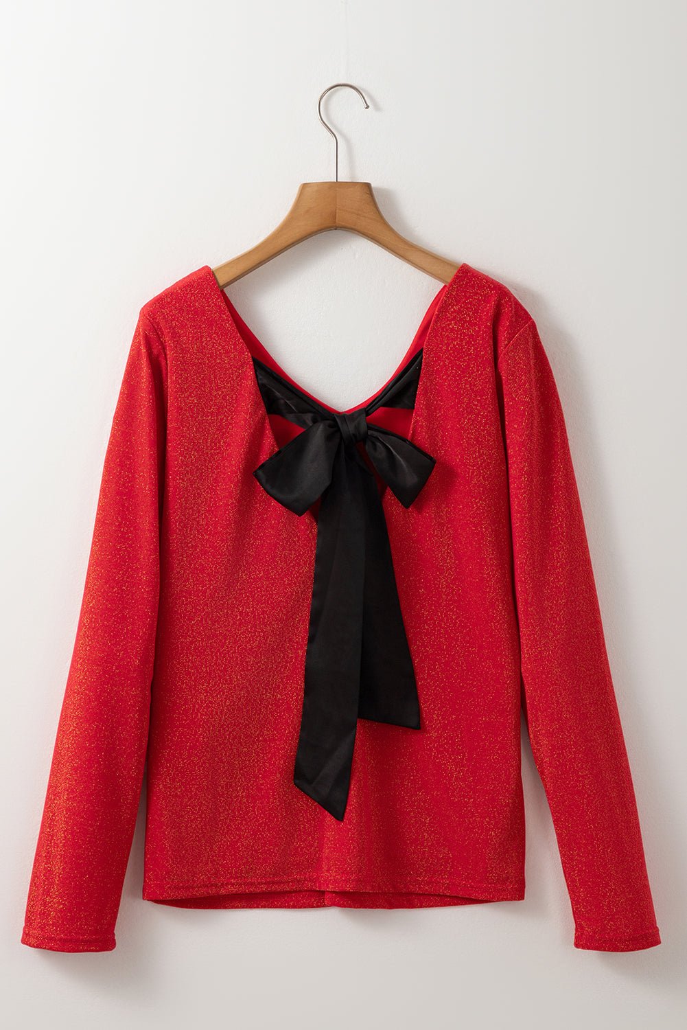 Crowned Energy CO. Racing Red / S / 71.5%Polyamide+23.9%Metallized fibres+4.6%Elastane Dear-Lover Dropshipping Tops/Long Sleeve Tops Racing Red Metallic Bowknot Open Back V Neck Top