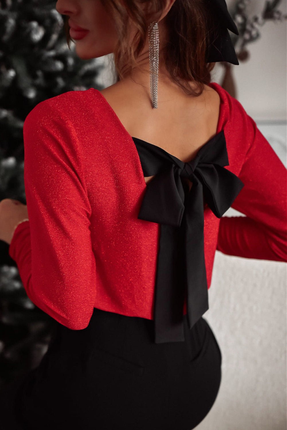 Crowned Energy CO. Racing Red / S / 71.5%Polyamide+23.9%Metallized fibres+4.6%Elastane Dear-Lover Dropshipping Tops/Long Sleeve Tops Racing Red Metallic Bowknot Open Back V Neck Top