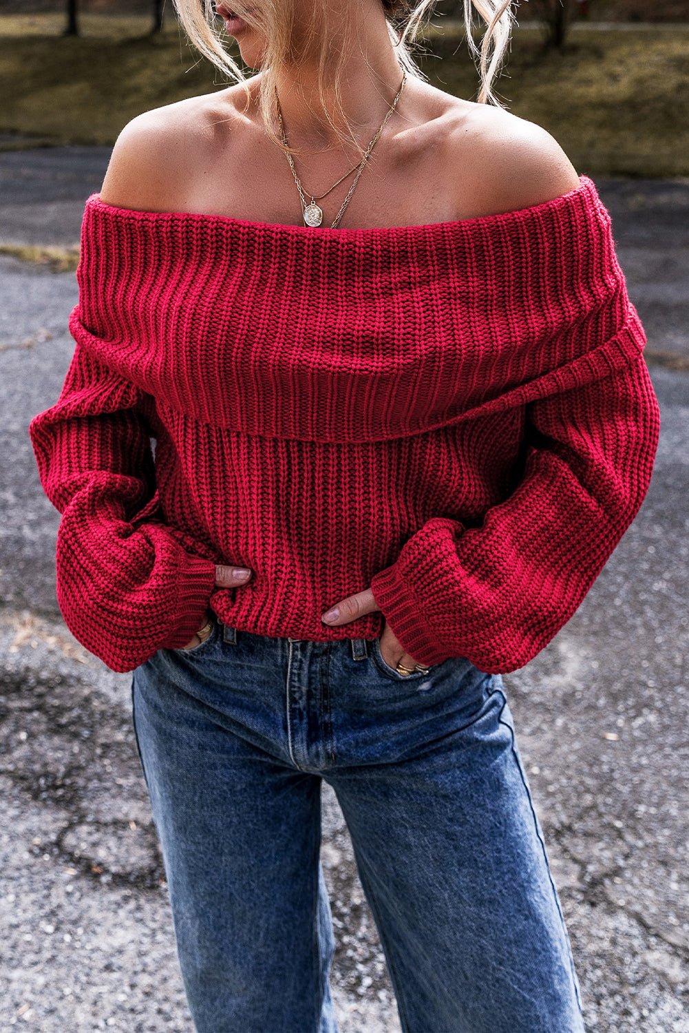 Racing Red Off - the - shoulder Knit Sweater - Crowned Energy CO.