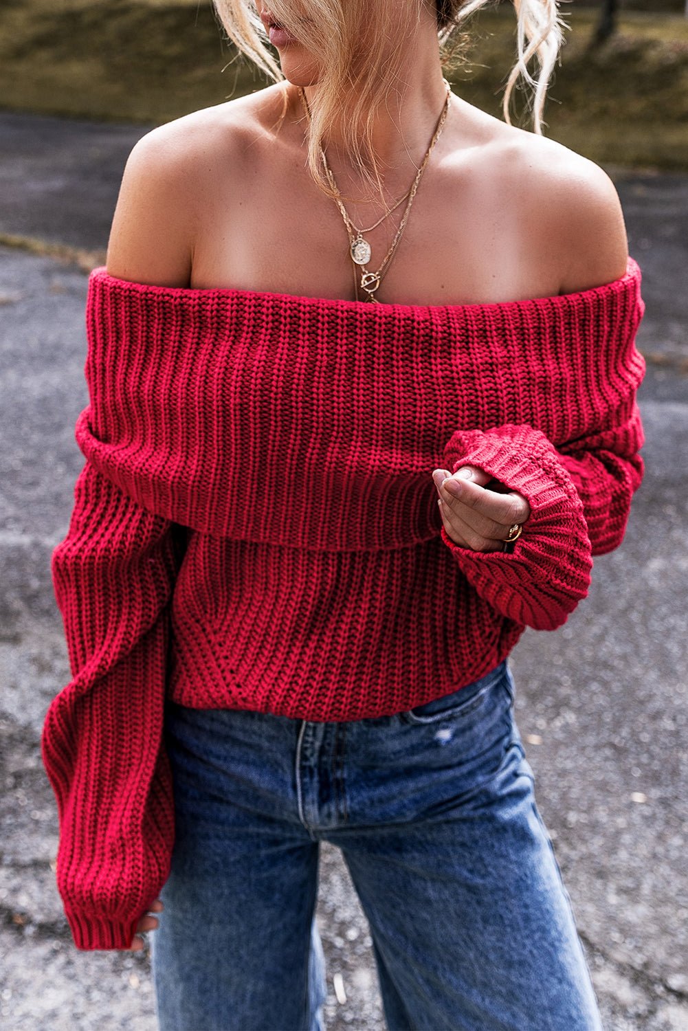 Racing Red Off - the - shoulder Knit Sweater - Crowned Energy CO.