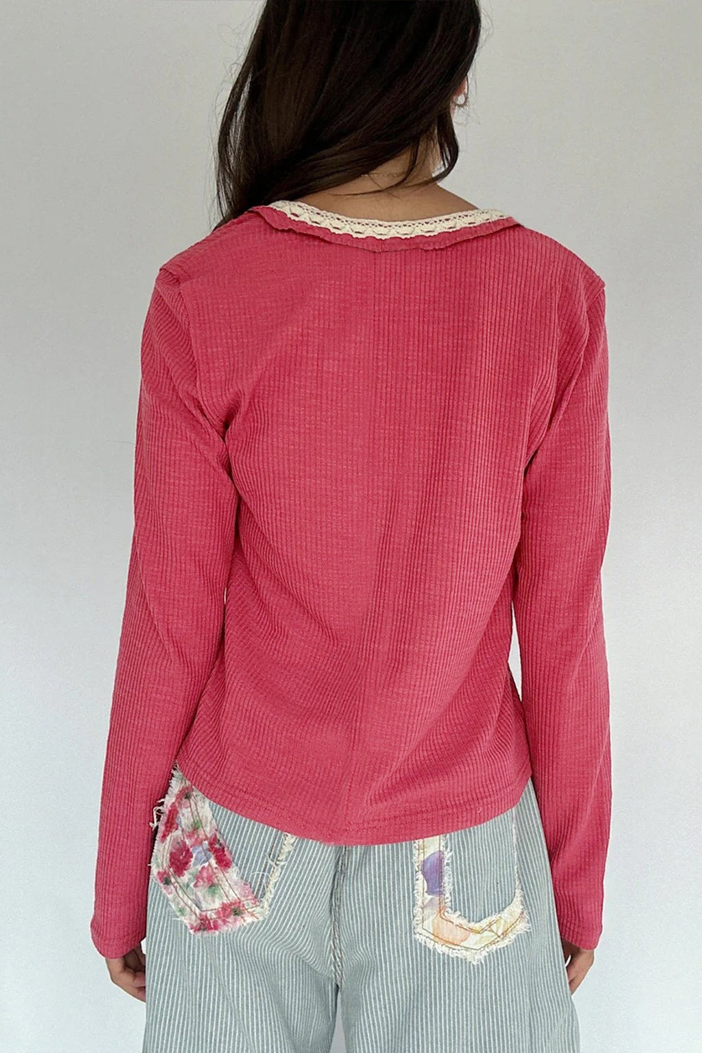 Racing Red Ribbed Texture Contrasted Lace Trim Button V Neck Long Sleeve Top - Crowned Energy CO.