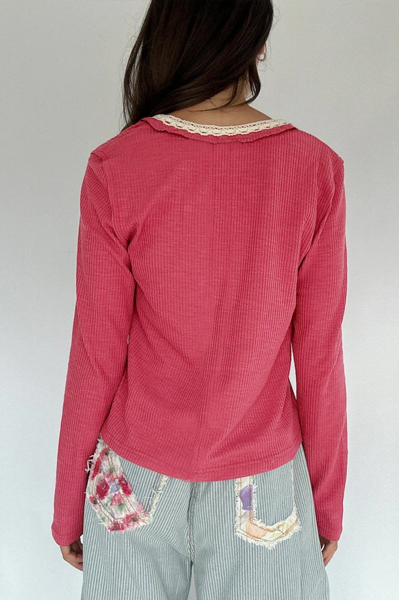 Racing Red Ribbed Texture Contrasted Lace Trim Button V Neck Long Sleeve Top - Crowned Energy CO.