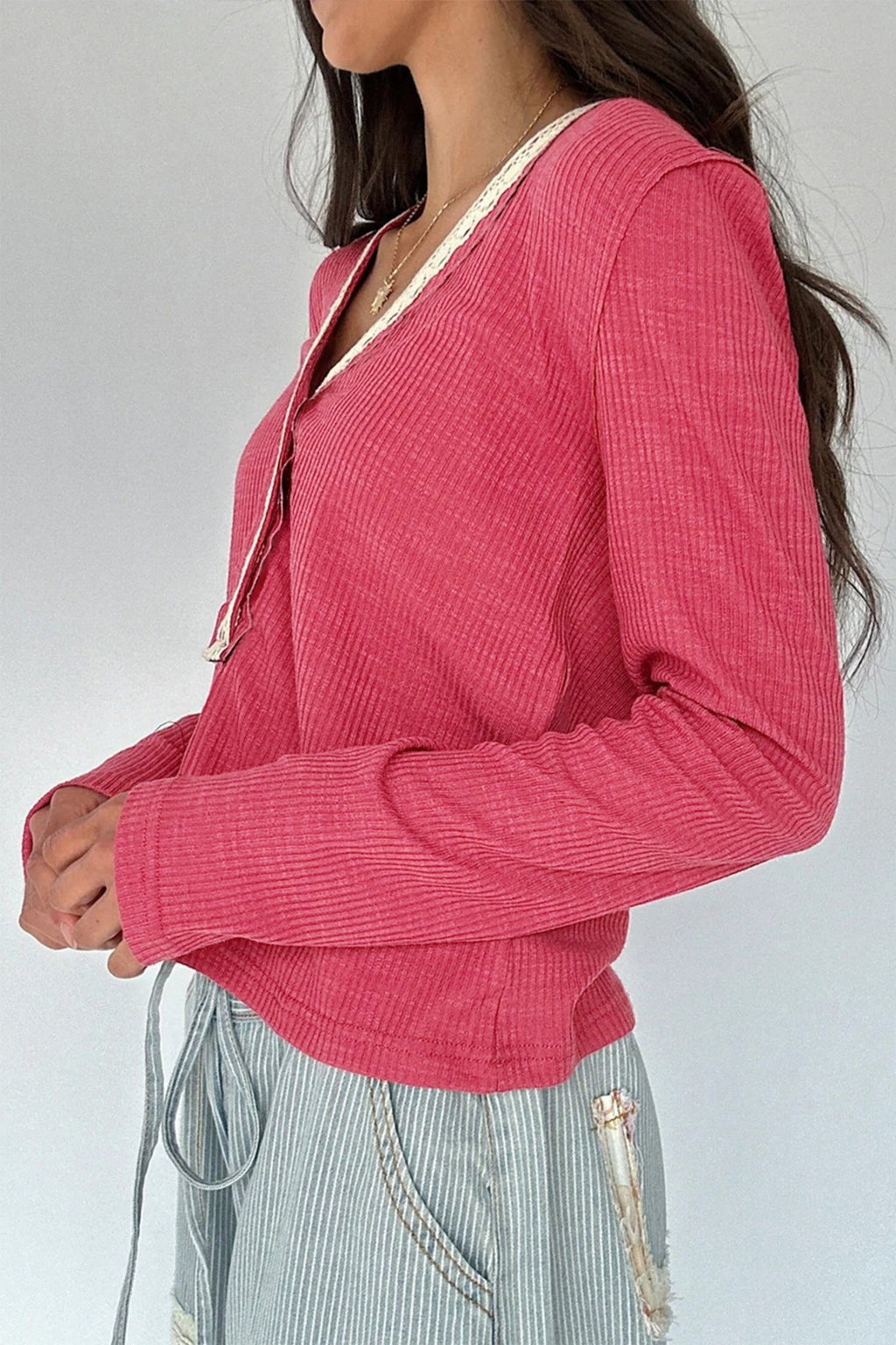 Racing Red Ribbed Texture Contrasted Lace Trim Button V Neck Long Sleeve Top - Crowned Energy CO.