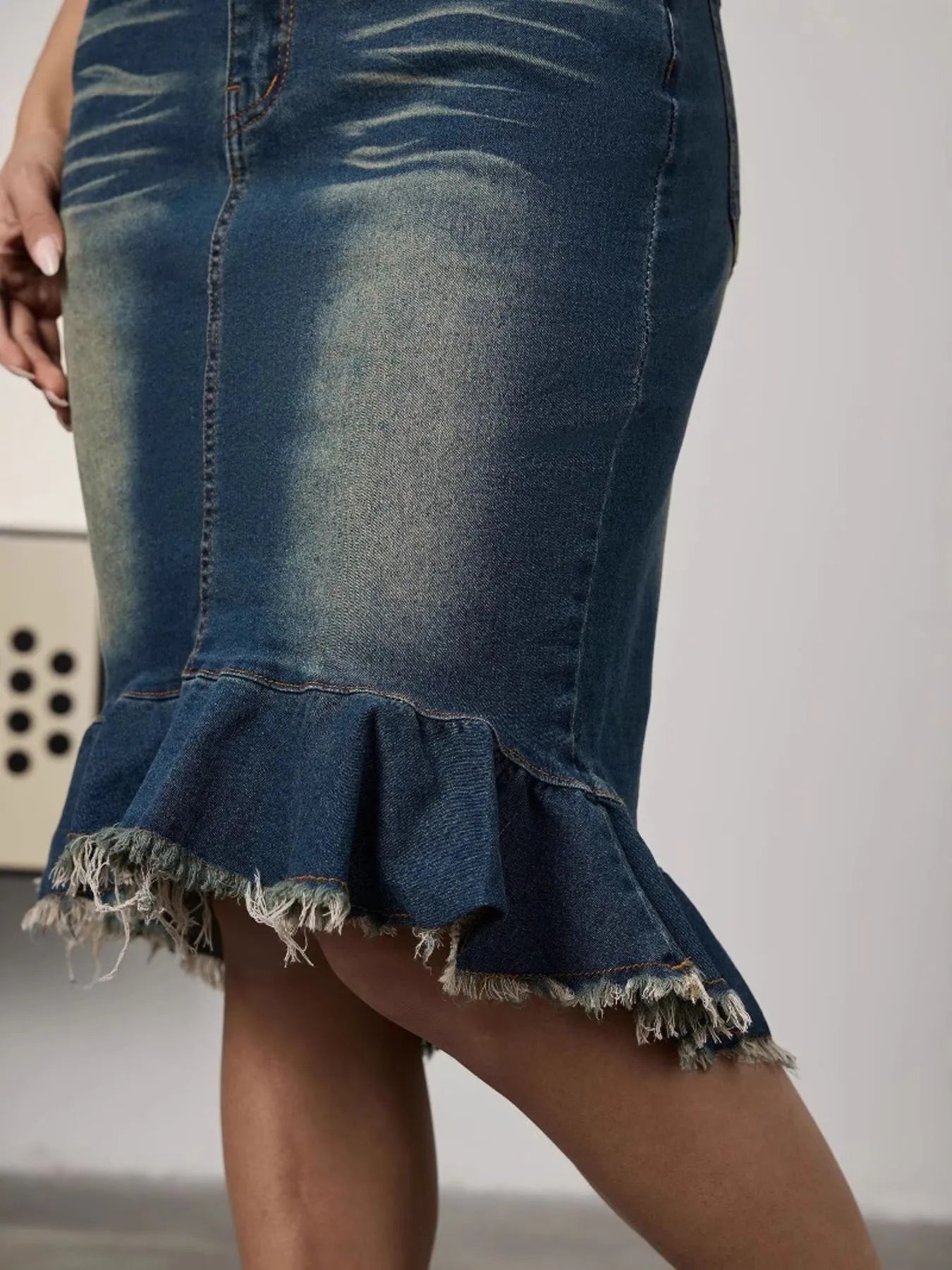 Raw Hem Mermaid Denim Skirt With Pockets - Crowned Energy CO.