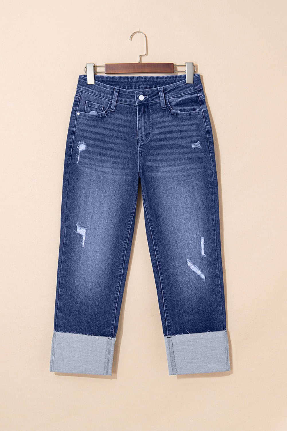 Crowned Energy CO. Real Teal / 4 / 71.5%Cotton+25%Polyester+2%Viscose+1.5%Elastane Dear-Lover Dropshipping Bottoms/Jeans Real Teal Folded Cuffs Distressed Straight High Waist Jeans