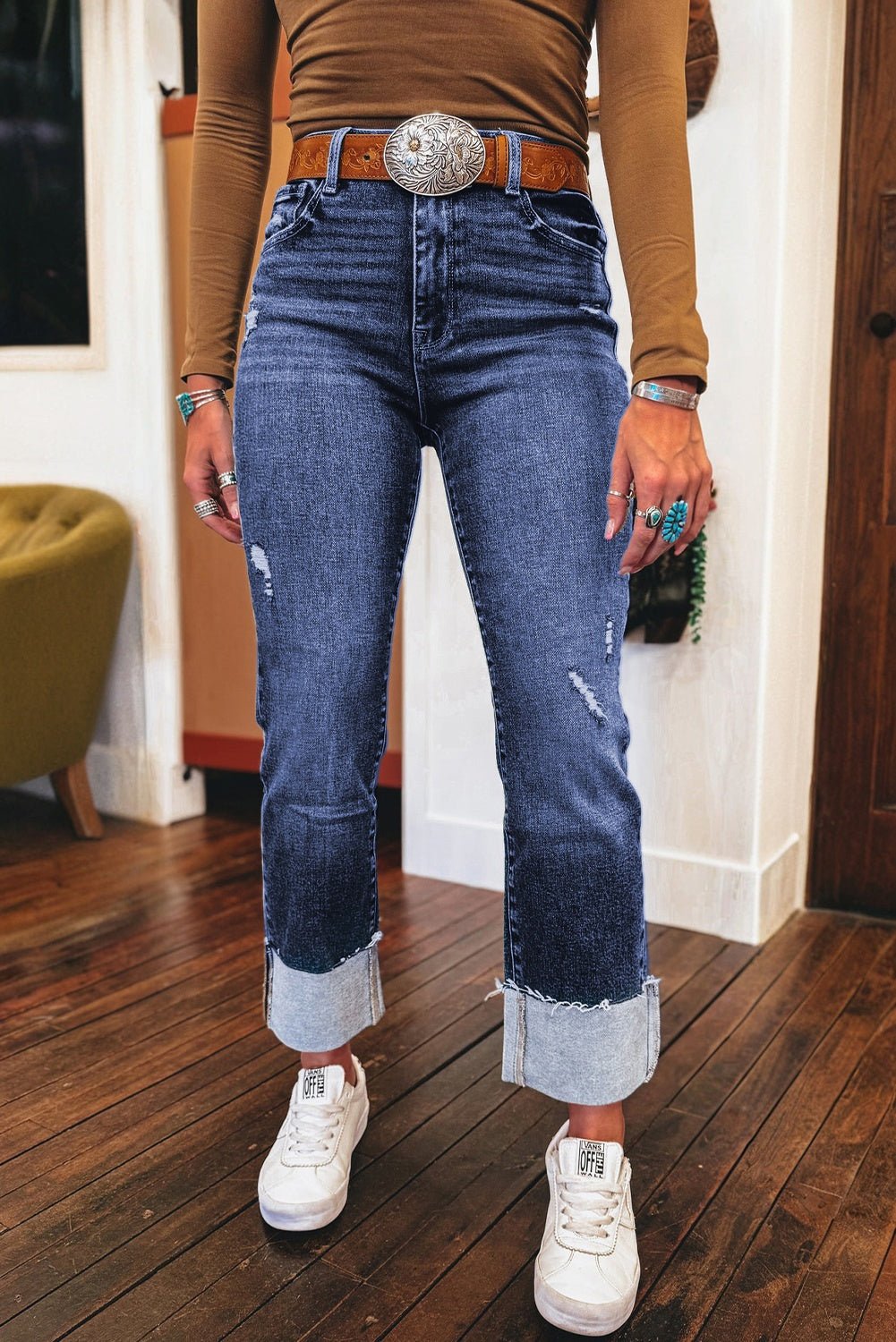 Crowned Energy CO. Real Teal / 4 / 71.5%Cotton+25%Polyester+2%Viscose+1.5%Elastane Dear-Lover Dropshipping Bottoms/Jeans Real Teal Folded Cuffs Distressed Straight High Waist Jeans