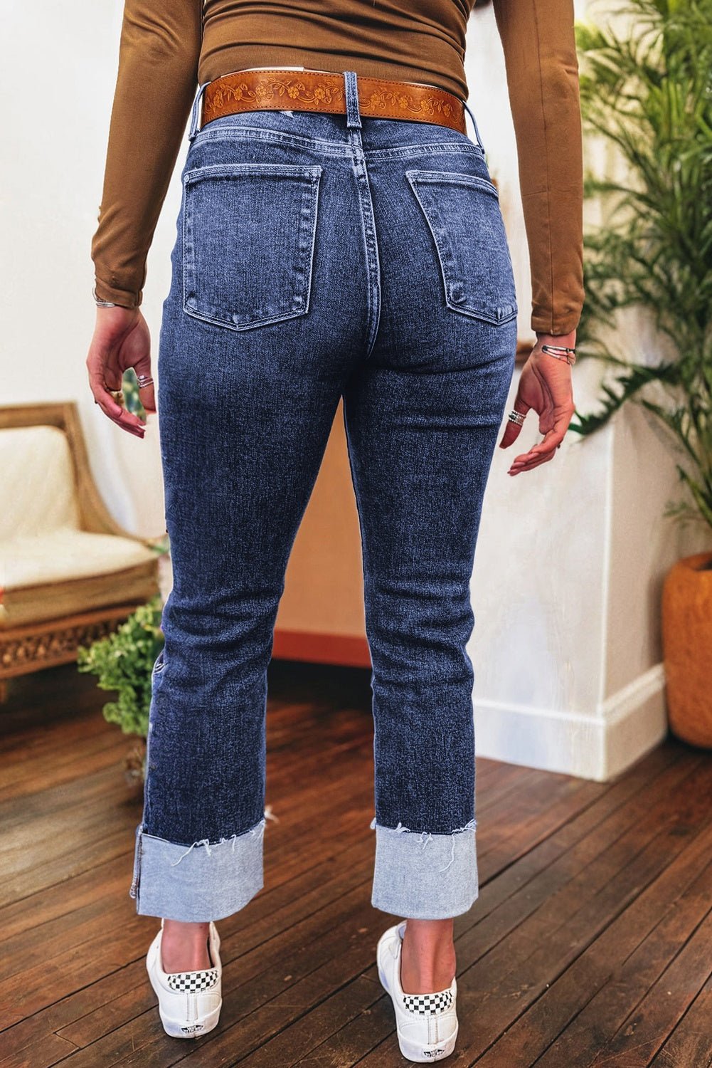 Crowned Energy CO. Real Teal / 4 / 71.5%Cotton+25%Polyester+2%Viscose+1.5%Elastane Dear-Lover Dropshipping Bottoms/Jeans Real Teal Folded Cuffs Distressed Straight High Waist Jeans