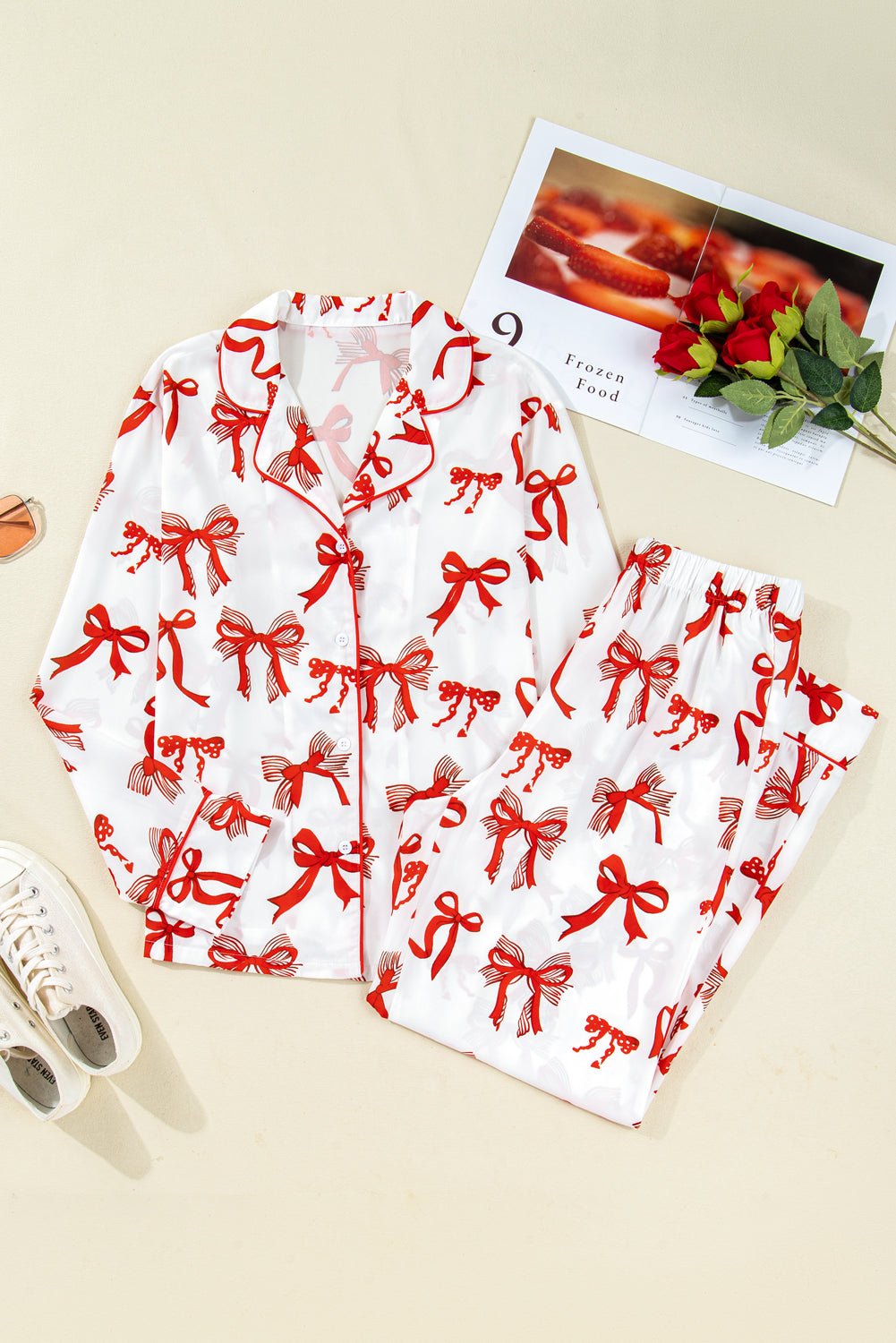 Red Christmas Bow Print Long 2pcs Pajama Set - Goddess Vibes