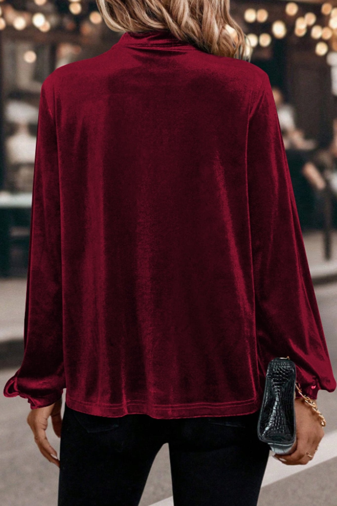 Red Dahlia Asymmetric Button Keyhole Neck Long Sleeve Velvet Blouse - Crowned Energy CO.