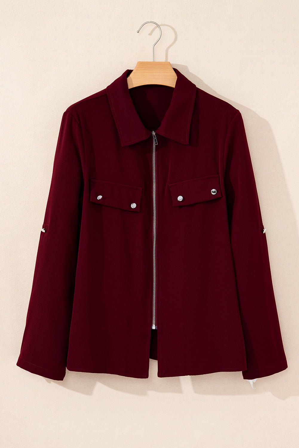 Red Dahlia Collar Tab Sleeve Zip Up Flap Detail Jacket - Crowned Energy CO.