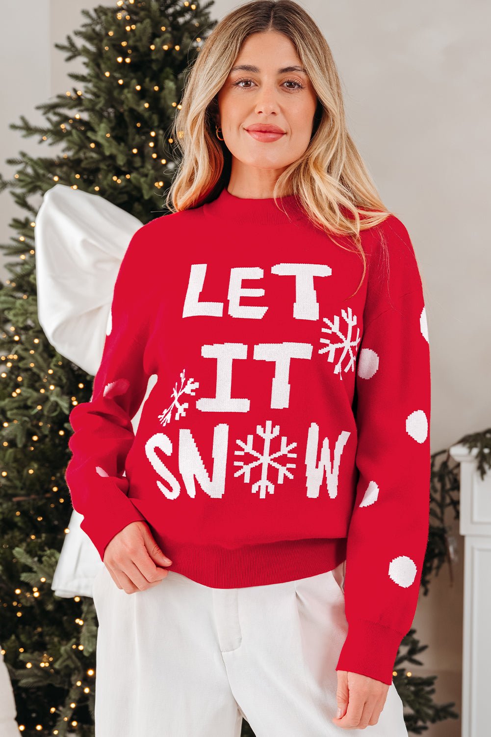 Crowned Energy CO. Red Dahlia / S / 52%Viscose+26%Polyester+22%Polyamide Dear-Lover Dropshipping Sweaters & Cardigans/Sweaters Red Dahlia LET IT SNOW Graphic Christmas Holiday Loose Sweater