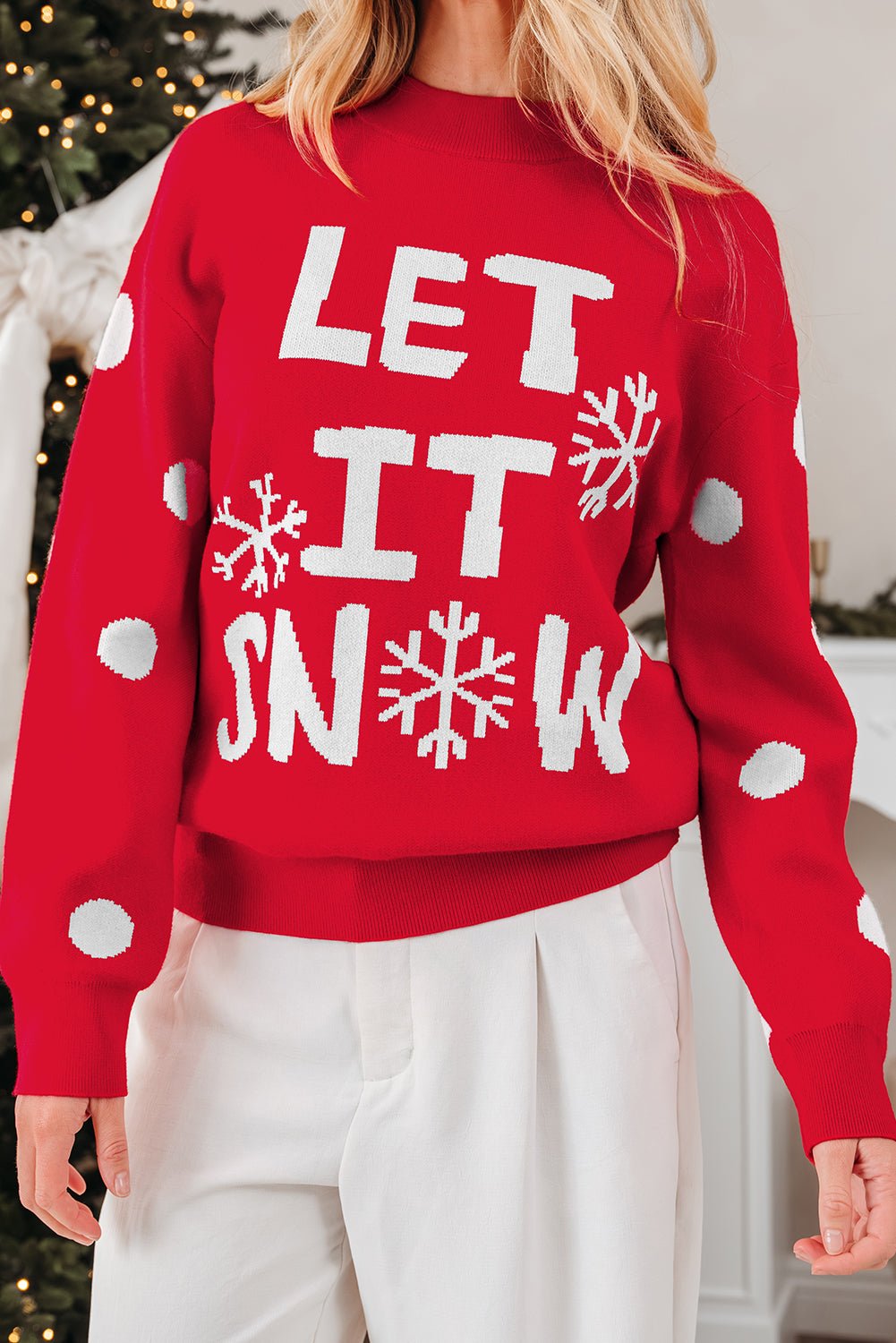 Crowned Energy CO. Red Dahlia / S / 52%Viscose+26%Polyester+22%Polyamide Dear-Lover Dropshipping Sweaters & Cardigans/Sweaters Red Dahlia LET IT SNOW Graphic Christmas Holiday Loose Sweater