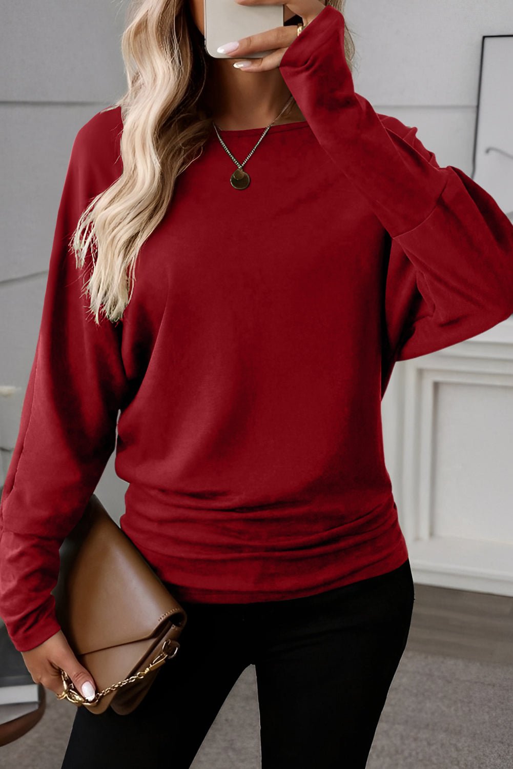 Red Dahlia Solid Color Extended Cuffs Long Sleeve Top - Crowned Energy CO.