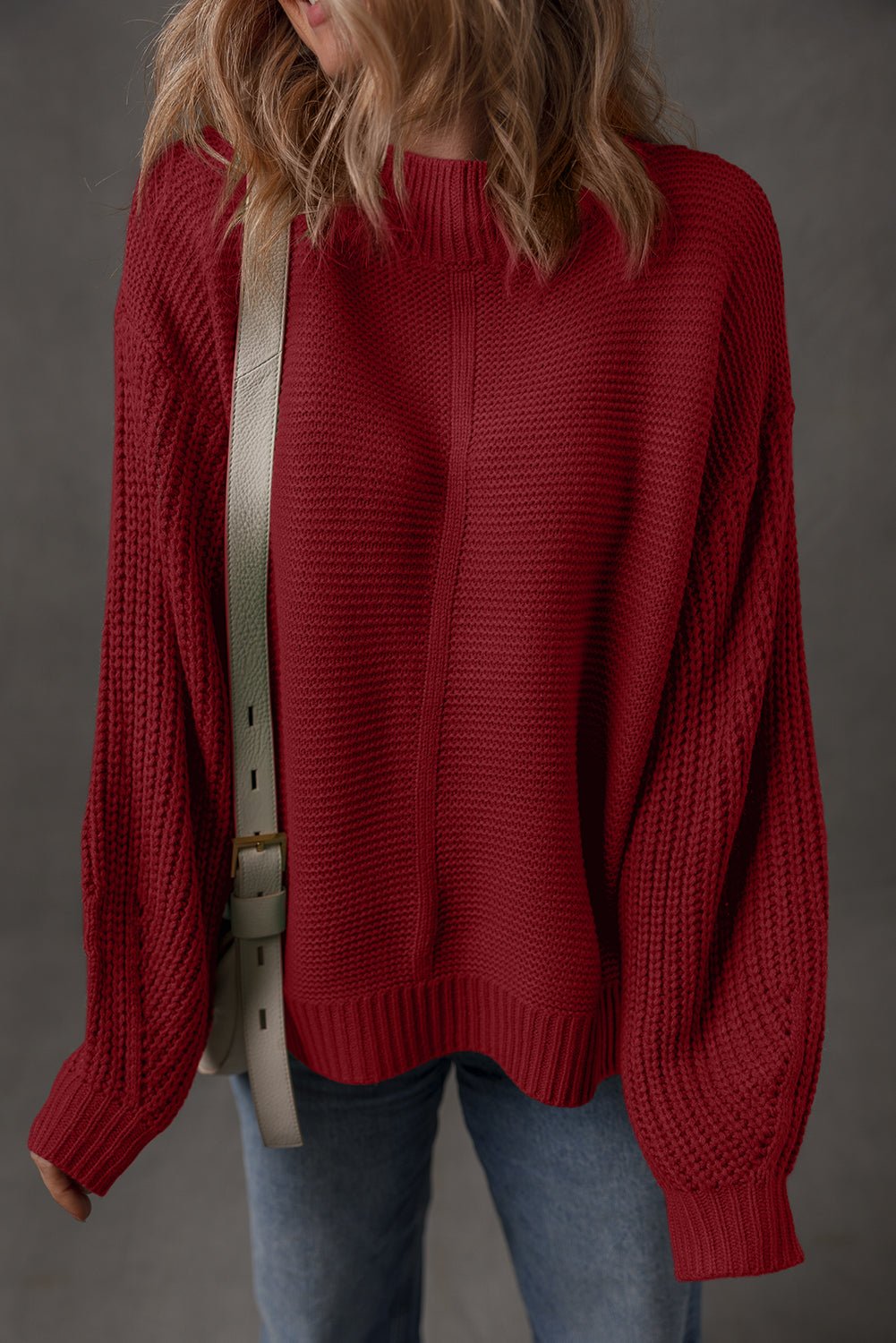 Red Dahlia Solid Color Front Seam Drop Shoulder Loose Sweater - Crowned Energy CO.