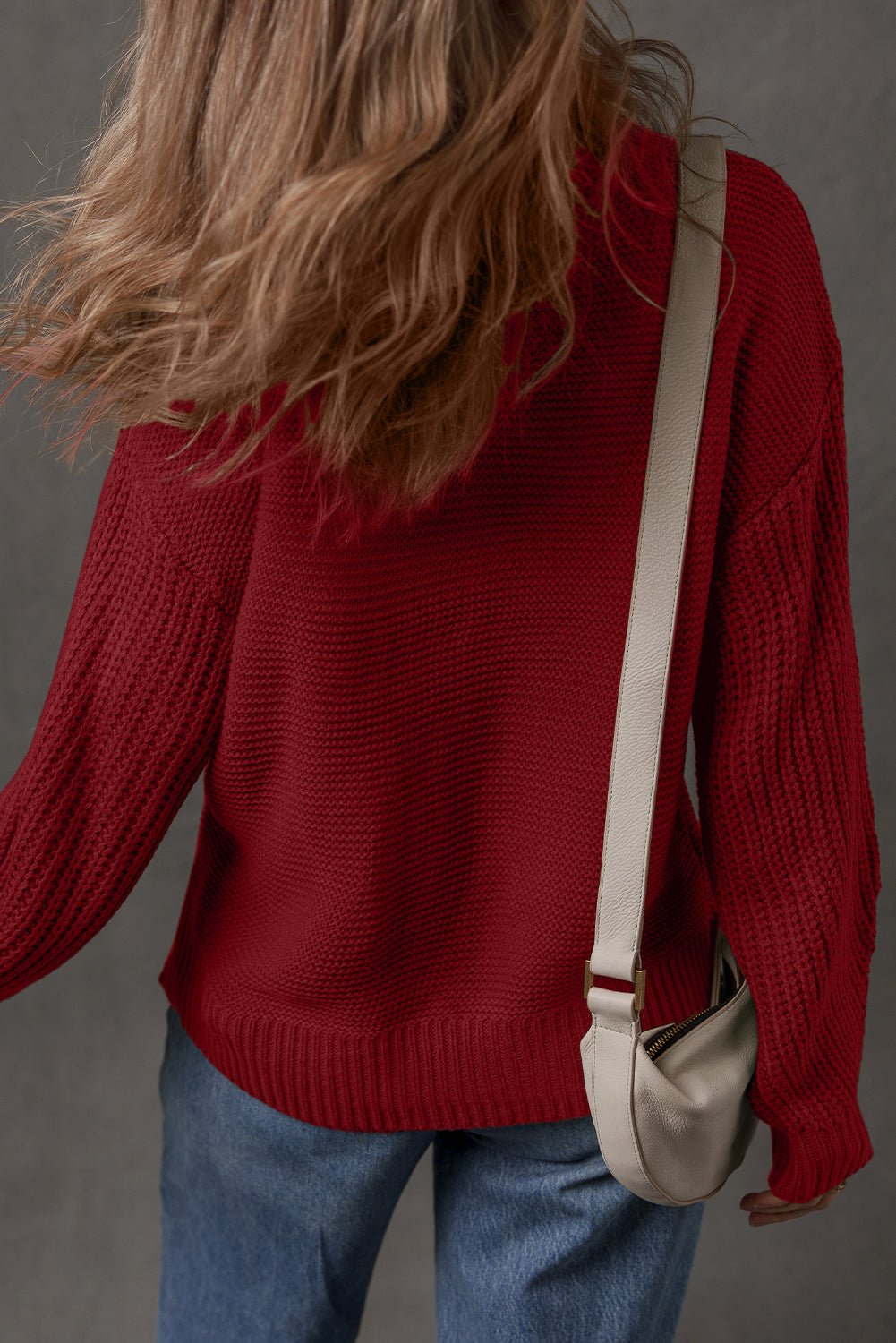 Red Dahlia Solid Color Front Seam Drop Shoulder Loose Sweater - Crowned Energy CO.