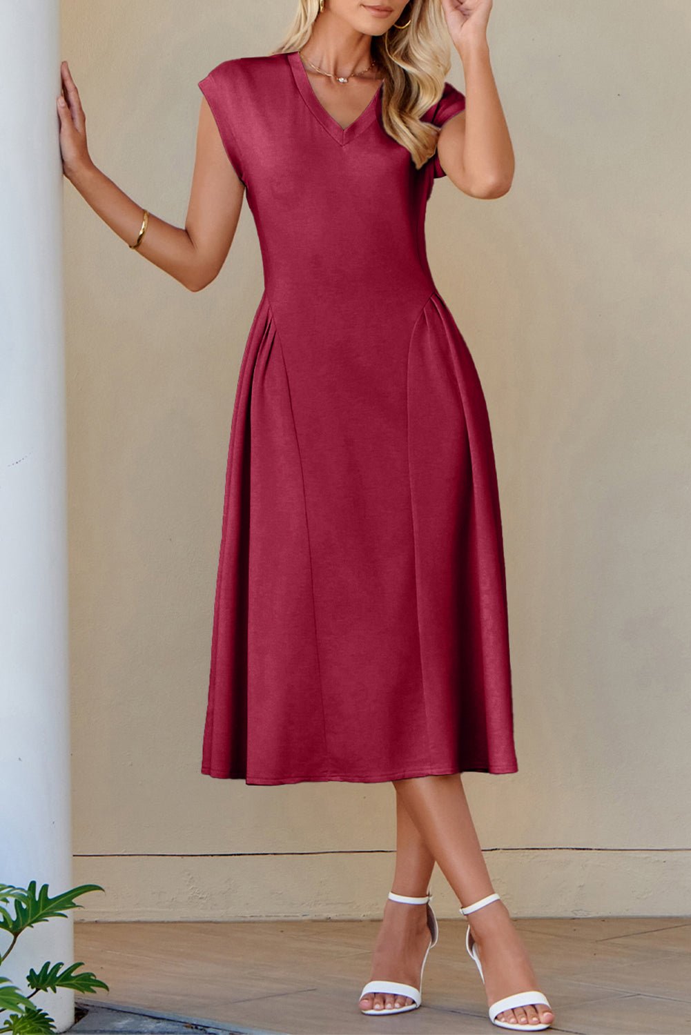 Red Dahlia Solid Color V Neck Pleated Flared Midi Dress - Crowned Energy CO.