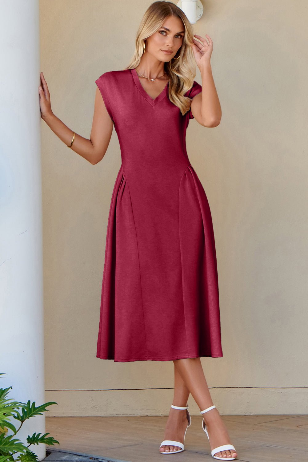 Red Dahlia Solid Color V Neck Pleated Flared Midi Dress - Crowned Energy CO.