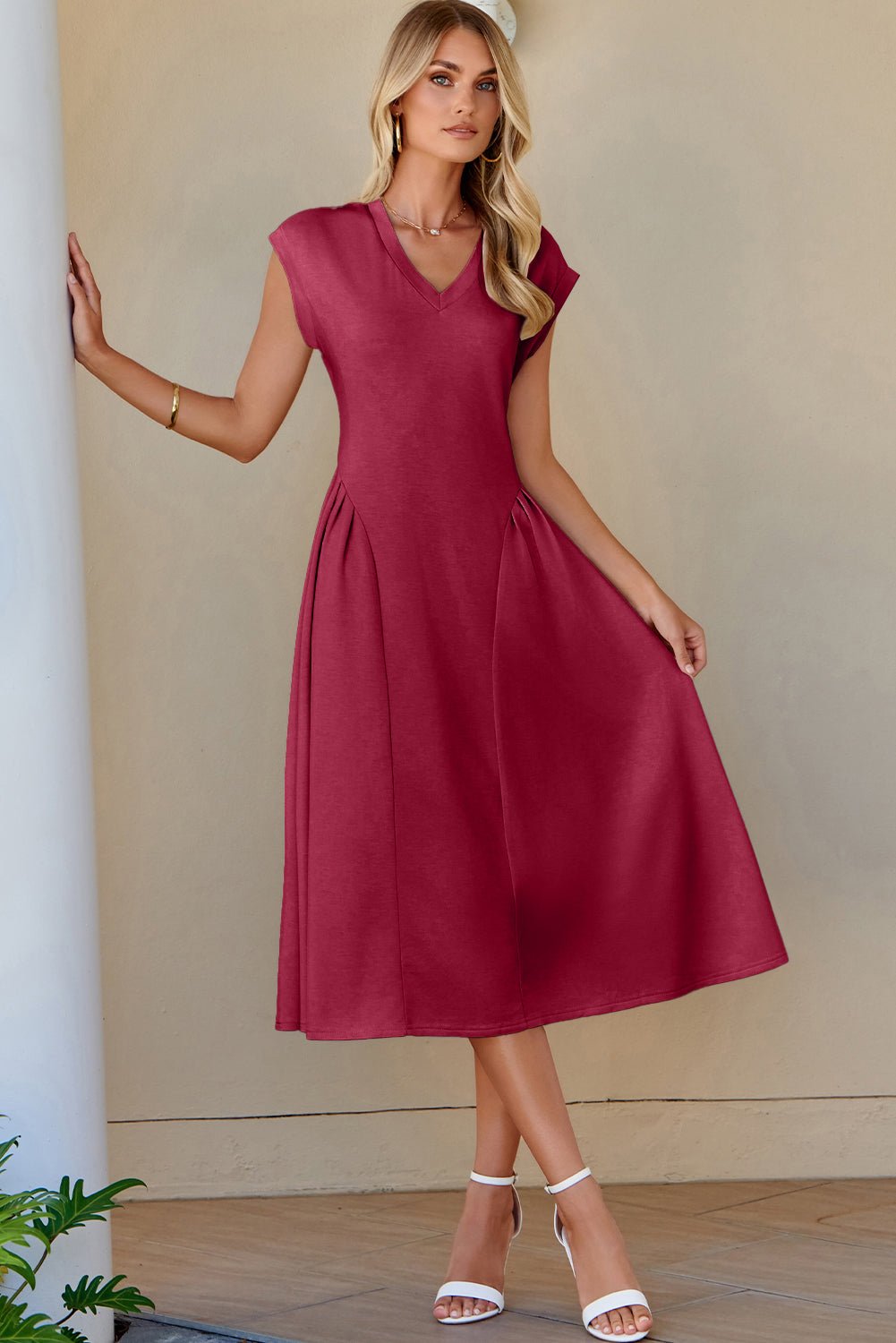 Red Dahlia Solid Color V Neck Pleated Flared Midi Dress - Crowned Energy CO.