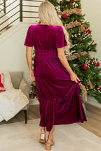 Red Dahlia Velvet Short Sleeve Shirred Waist Tiered Maxi Dress - Goddess Vibes