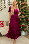 Red Dahlia Velvet Short Sleeve Shirred Waist Tiered Maxi Dress - Goddess Vibes