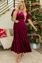 Red Dahlia Velvet Short Sleeve Shirred Waist Tiered Maxi Dress - Goddess Vibes