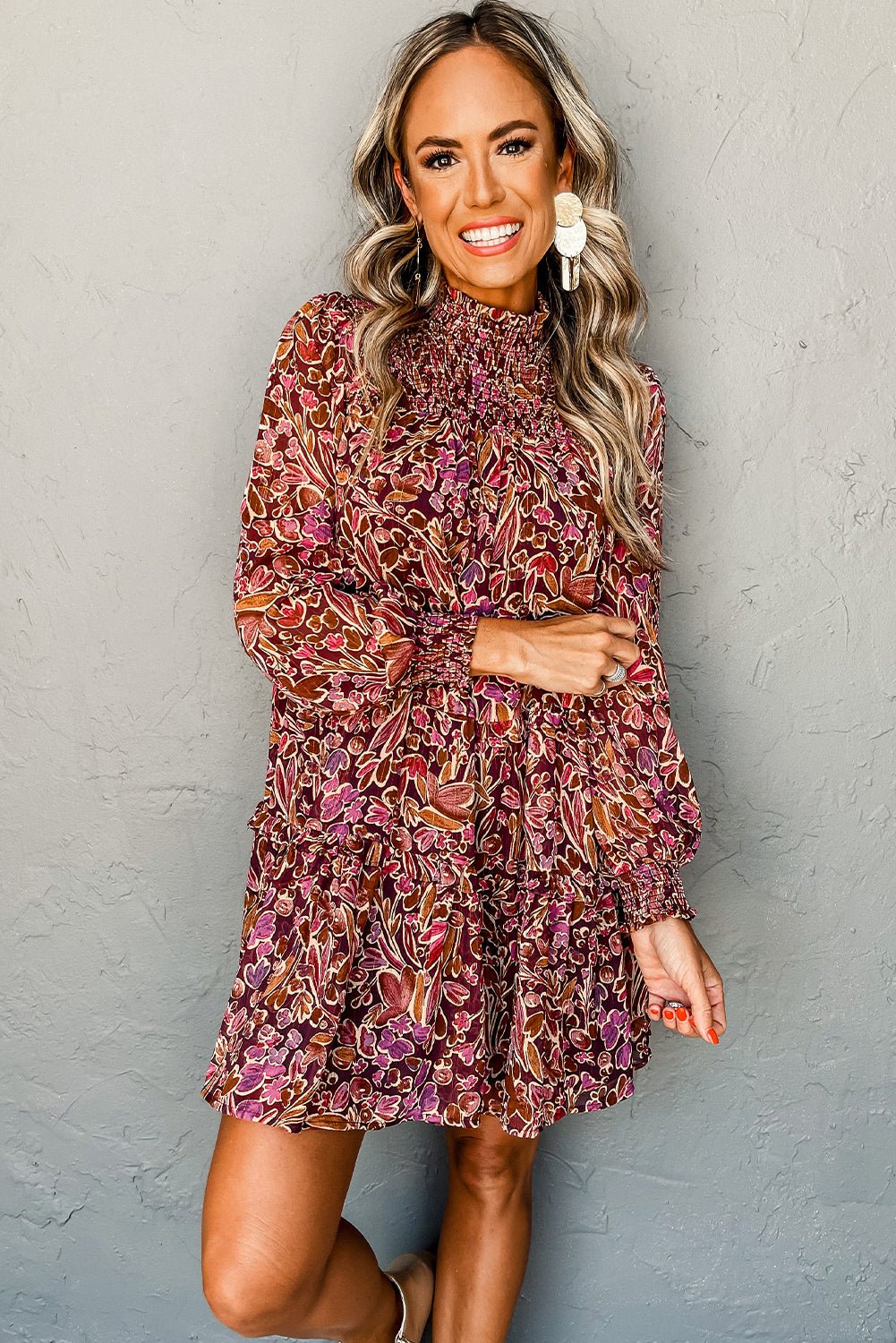 Red Floral Print Long Sleeve Shirred High Neck Loose Mini Dress - Crowned Energy CO.