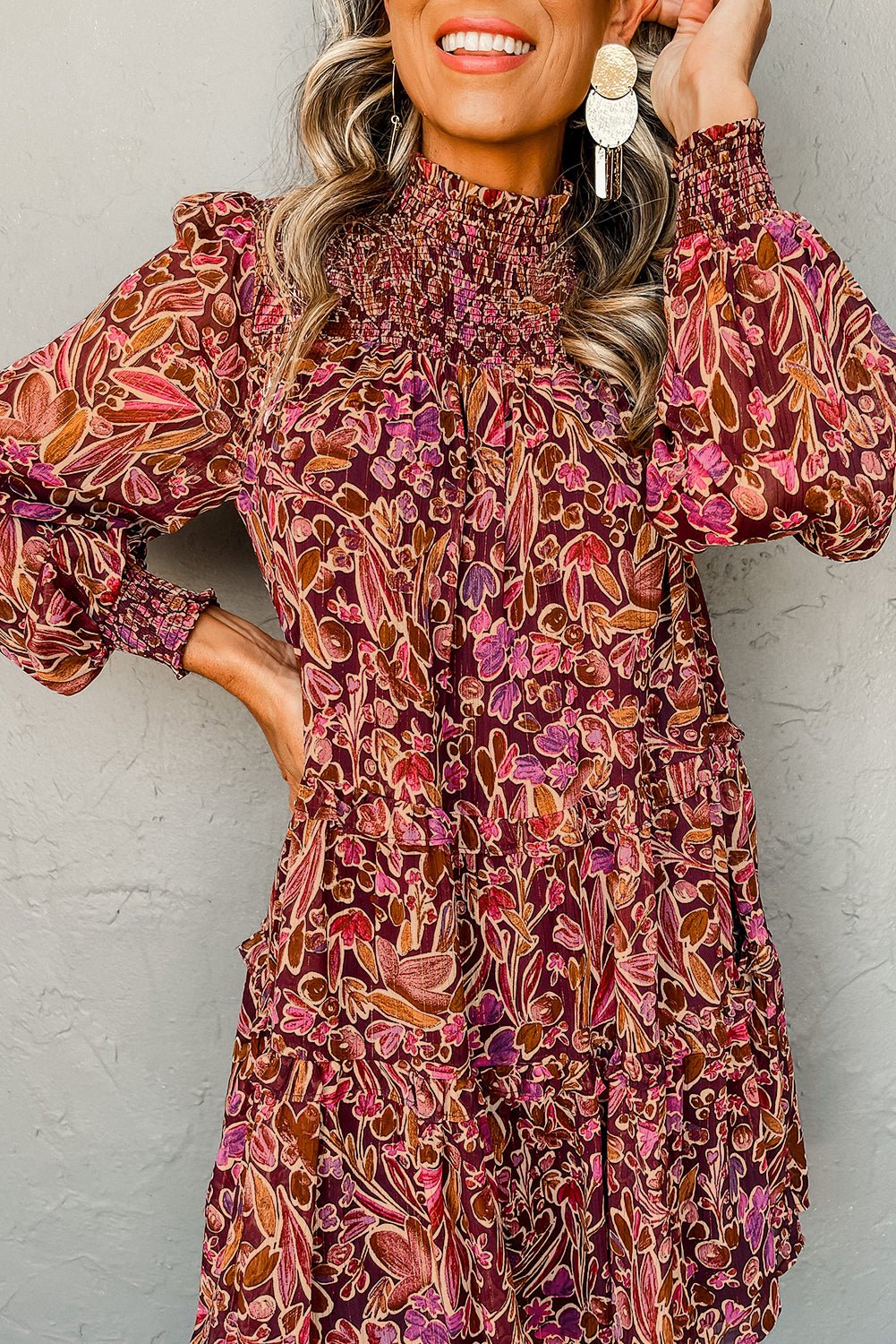 Red Floral Print Long Sleeve Shirred High Neck Loose Mini Dress - Crowned Energy CO.